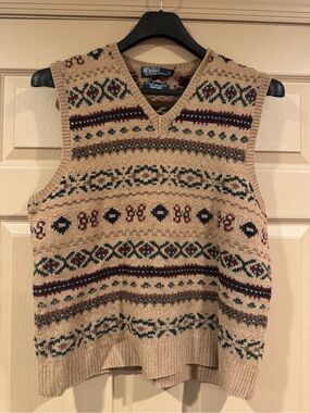 Polo by Ralph Lauren Men's Tan Fair Isle Camel Hair Wool Blend Sweater Vest